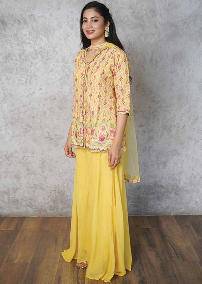 Yellow Georgette Embroidered Fusion/Indo-Western Set