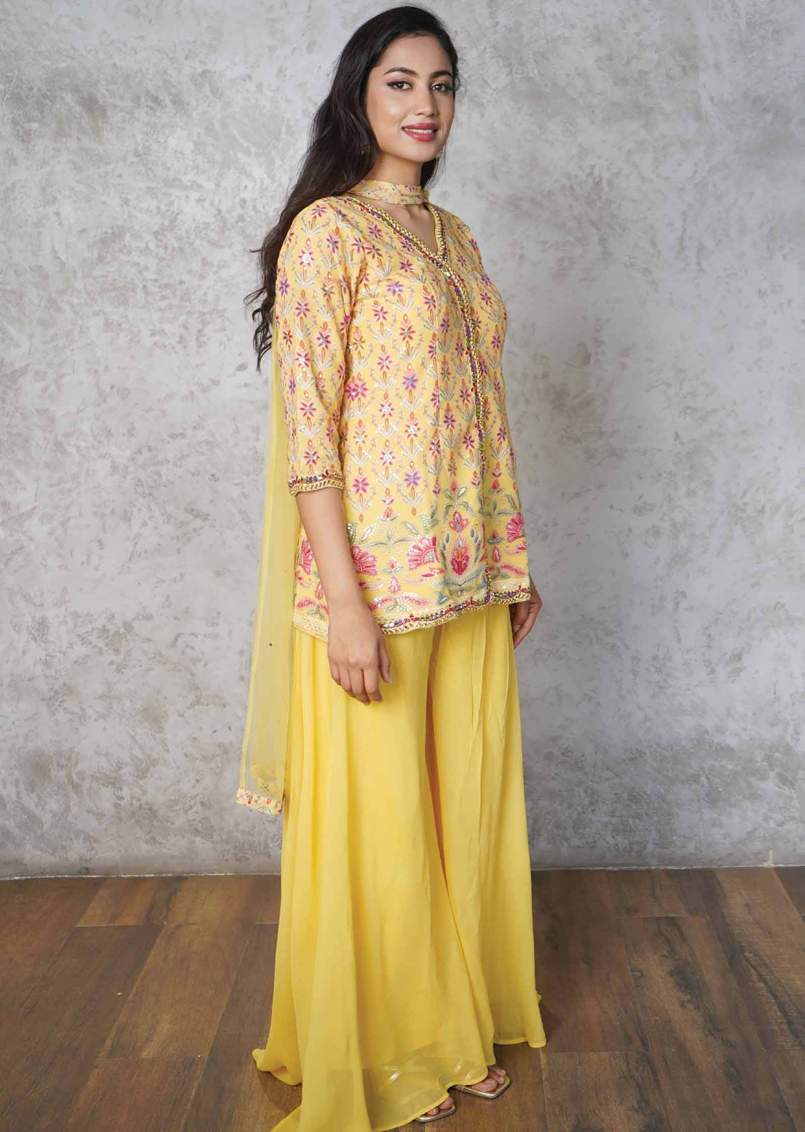 Yellow Georgette Embroidered Fusion/Indo-Western Set