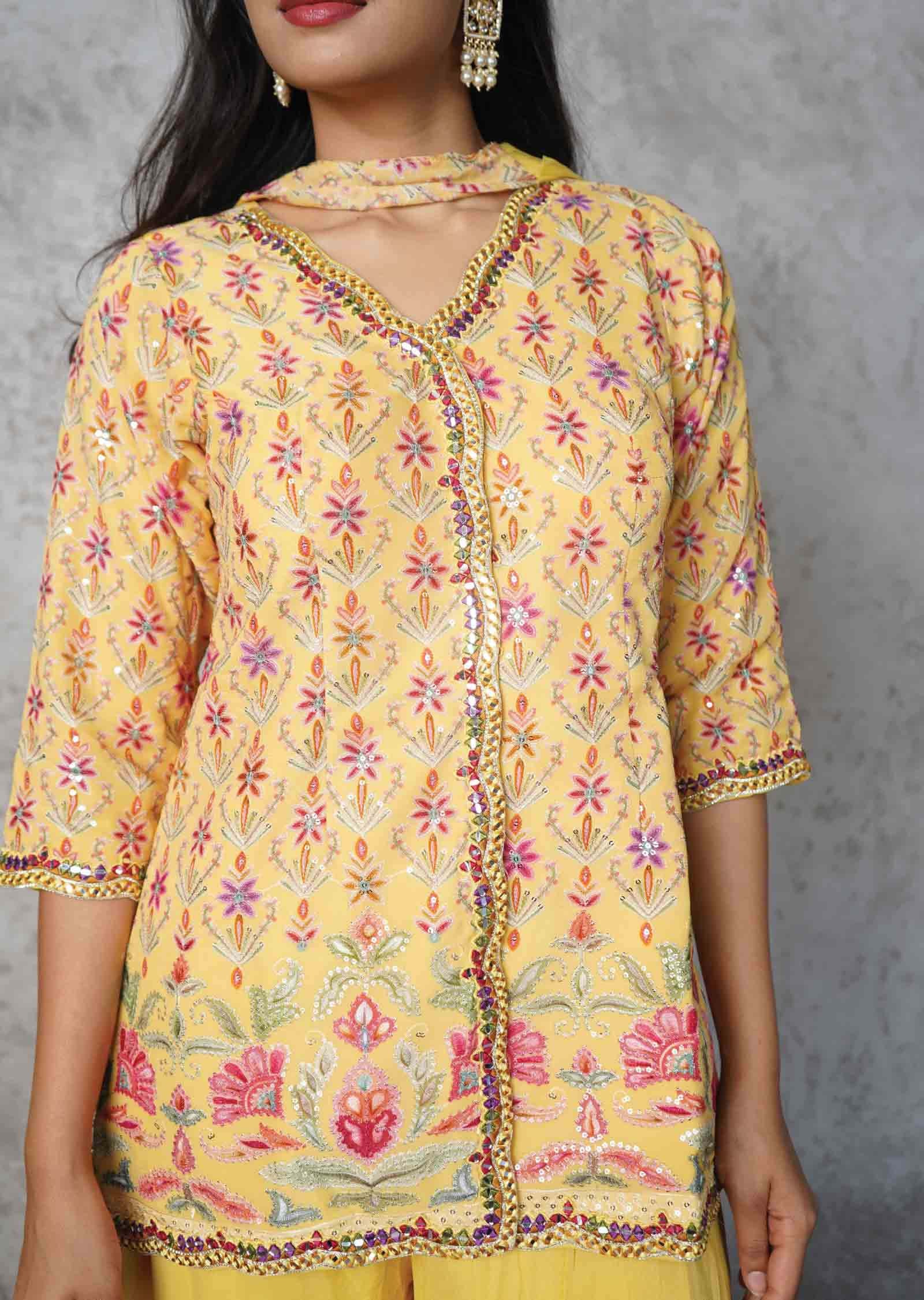 Yellow Georgette Embroidered Fusion/Indo-Western Set