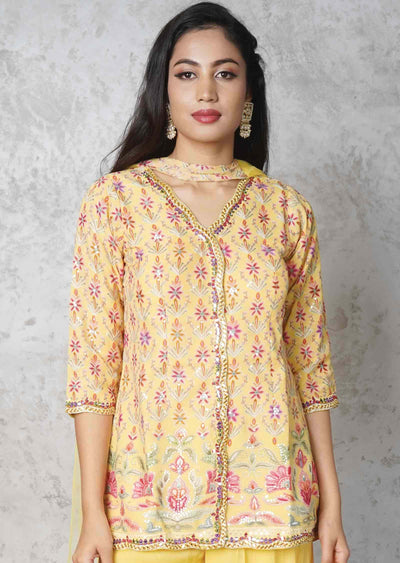 Yellow Georgette Embroidered Fusion/Indo-Western Set