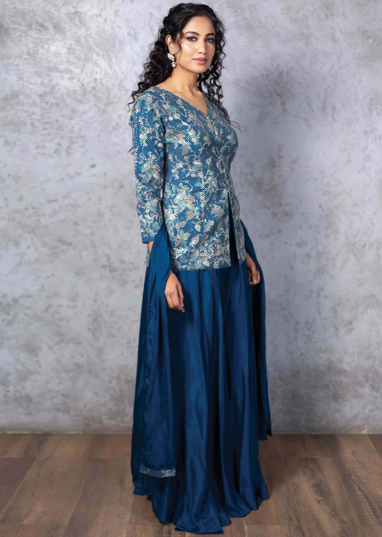 Blue Chinnon Fusion Indo-Western Outfit