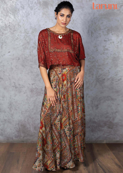 Maroon Chinnon Embroidered Fusion/Indo-Western Set
