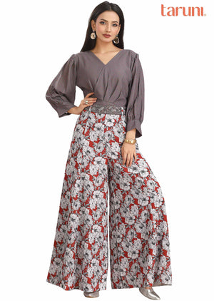 Grey Georgette Printed Fusion/Indo-Western Set