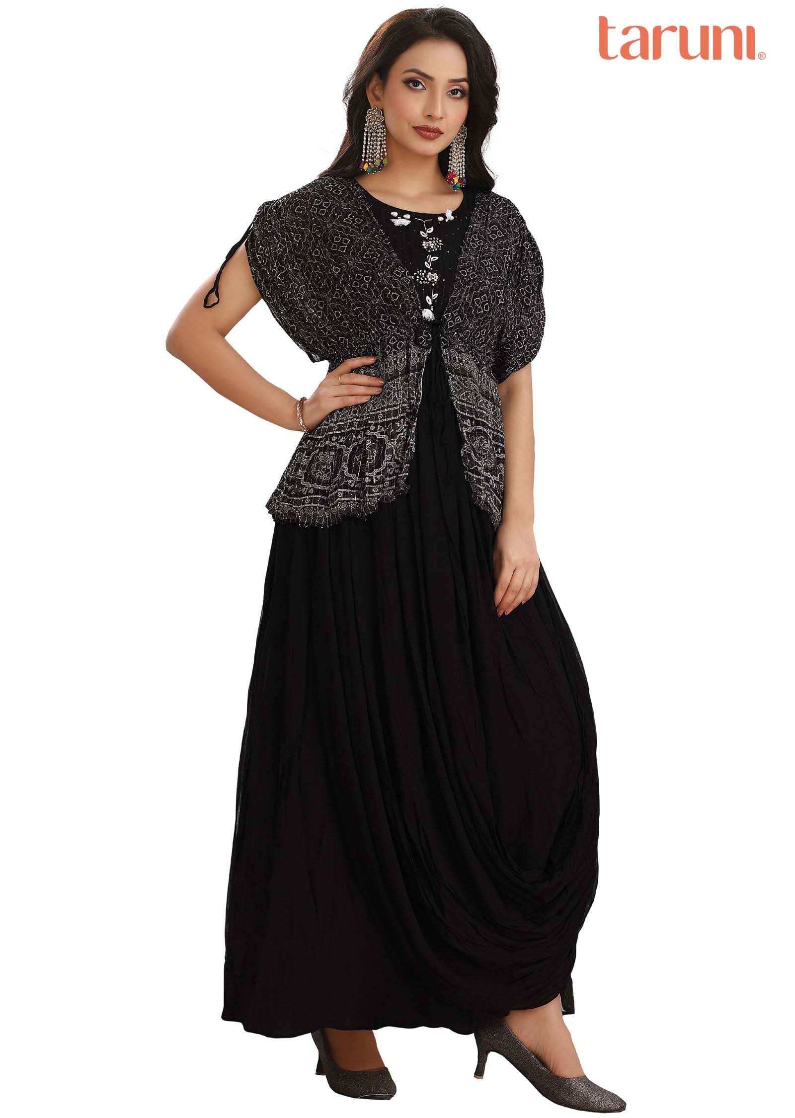 Black Georgette Embroidered Fusion/Indo-Western Set