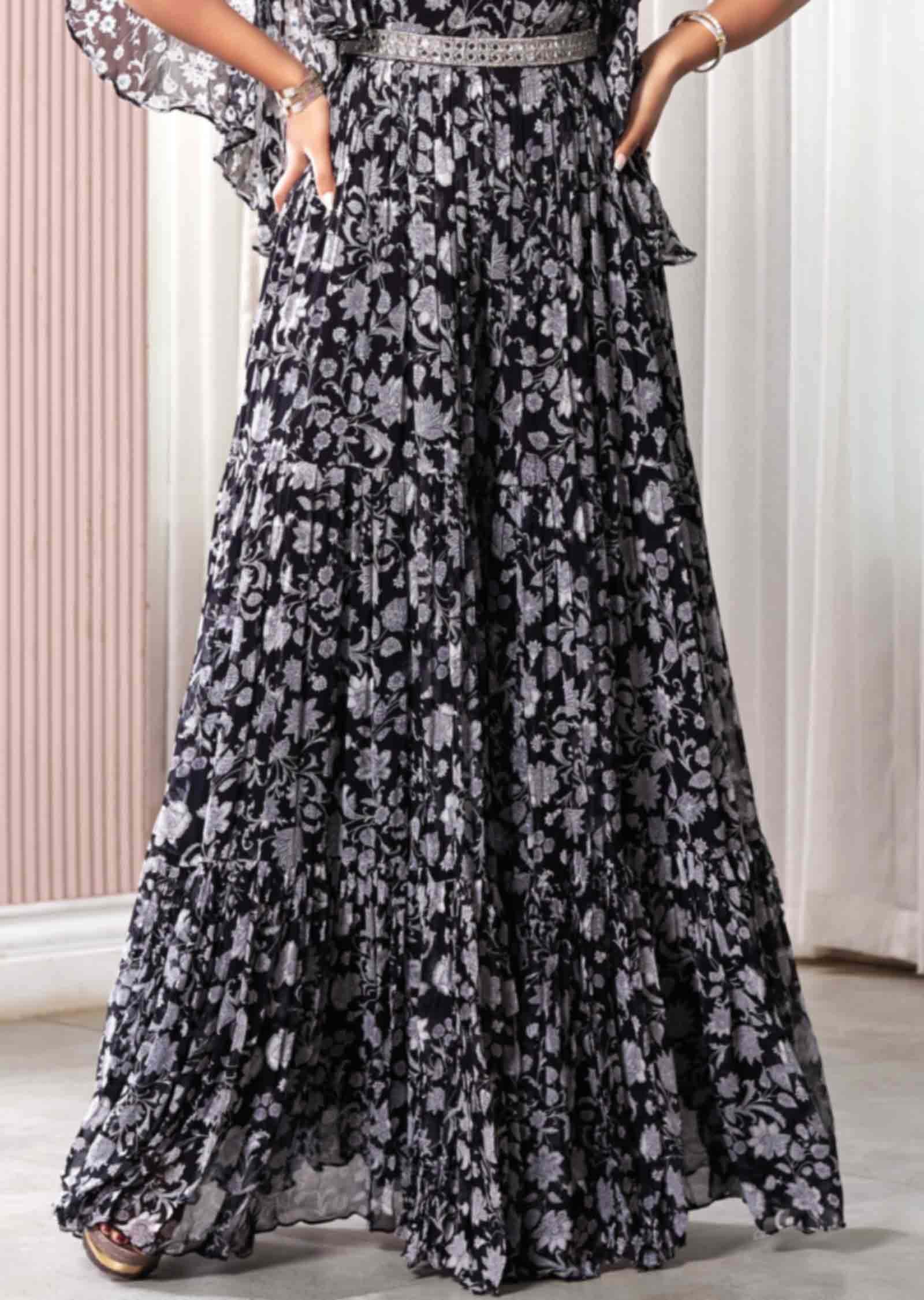 Black Georgette Printed Alia cut Kids Anarkali