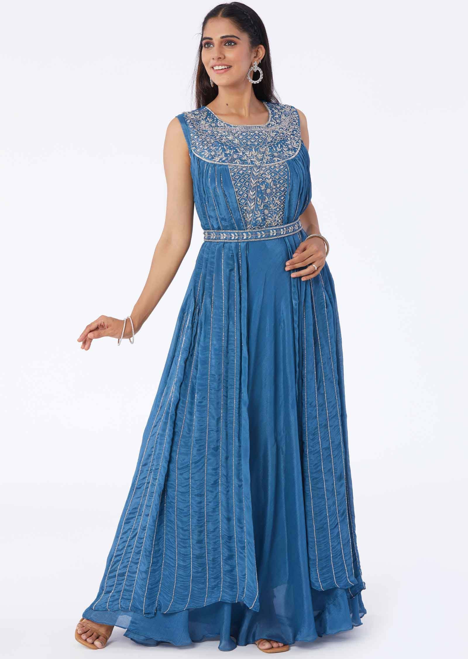 Bluish Grey Chinnon Embroidered Gown