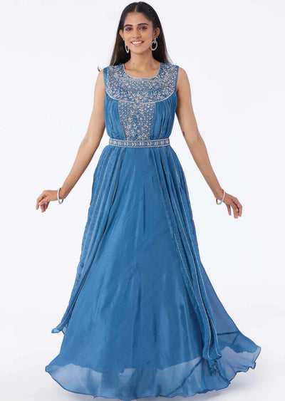 Bluish Grey Chinnon Embroidered Gown