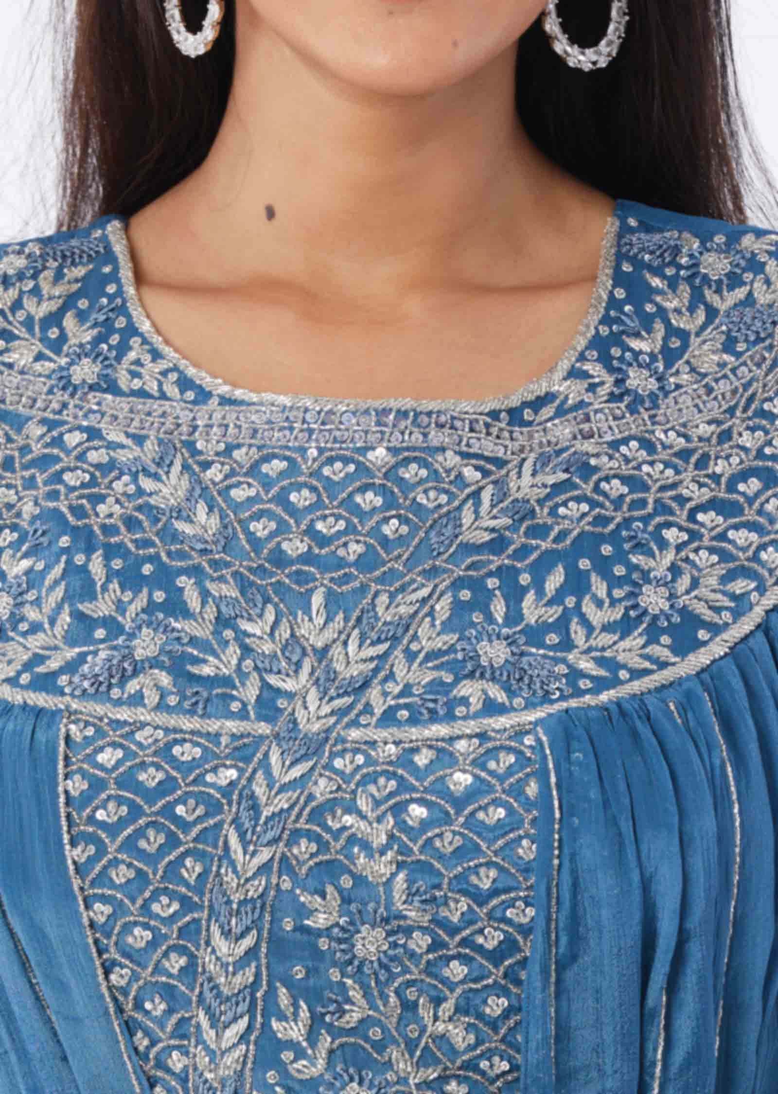 Bluish Grey Chinnon Embroidered Gown
