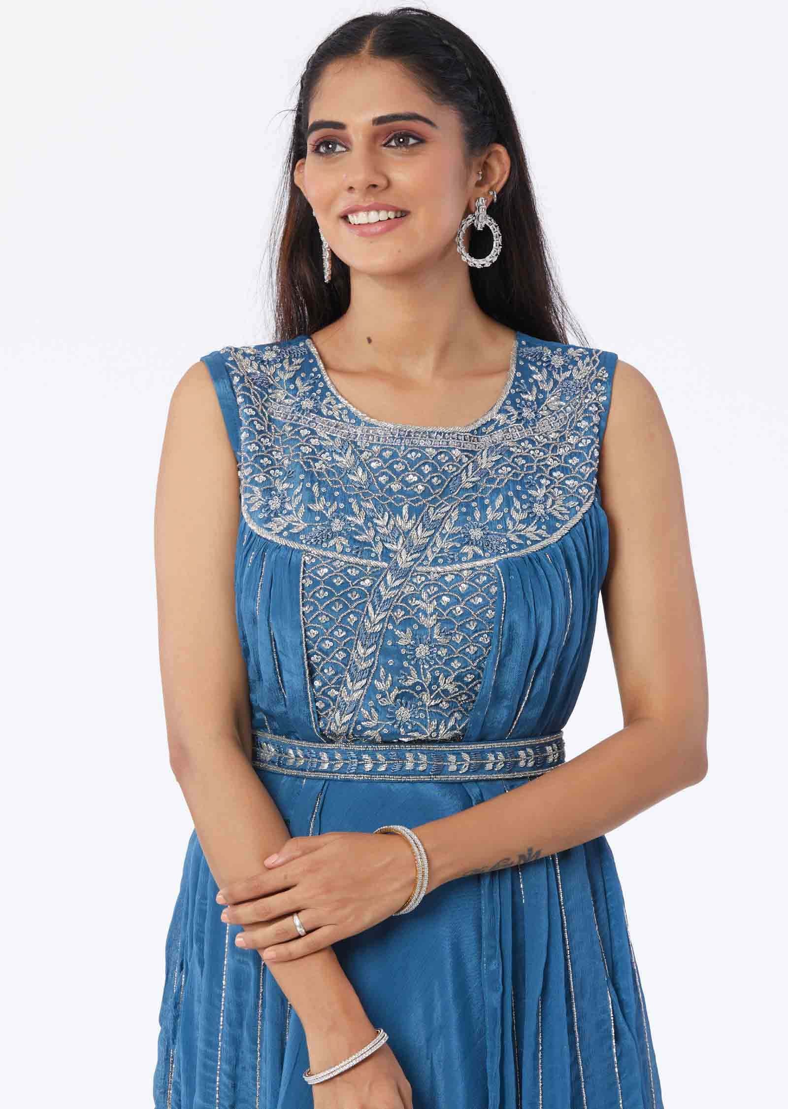 Bluish Grey Chinnon Embroidered Gown