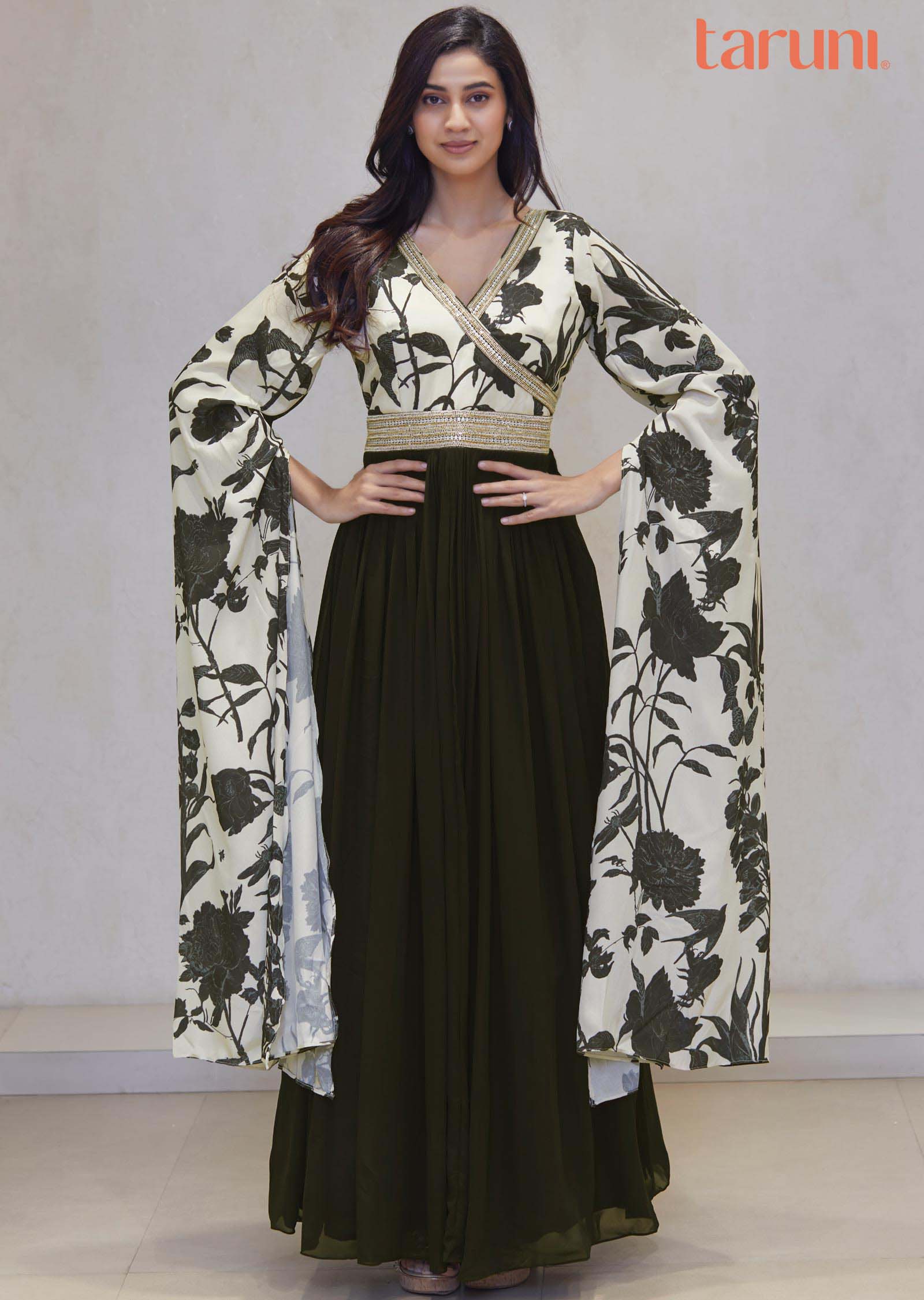 Black /Beige Crepe/Georgette Printed Gown