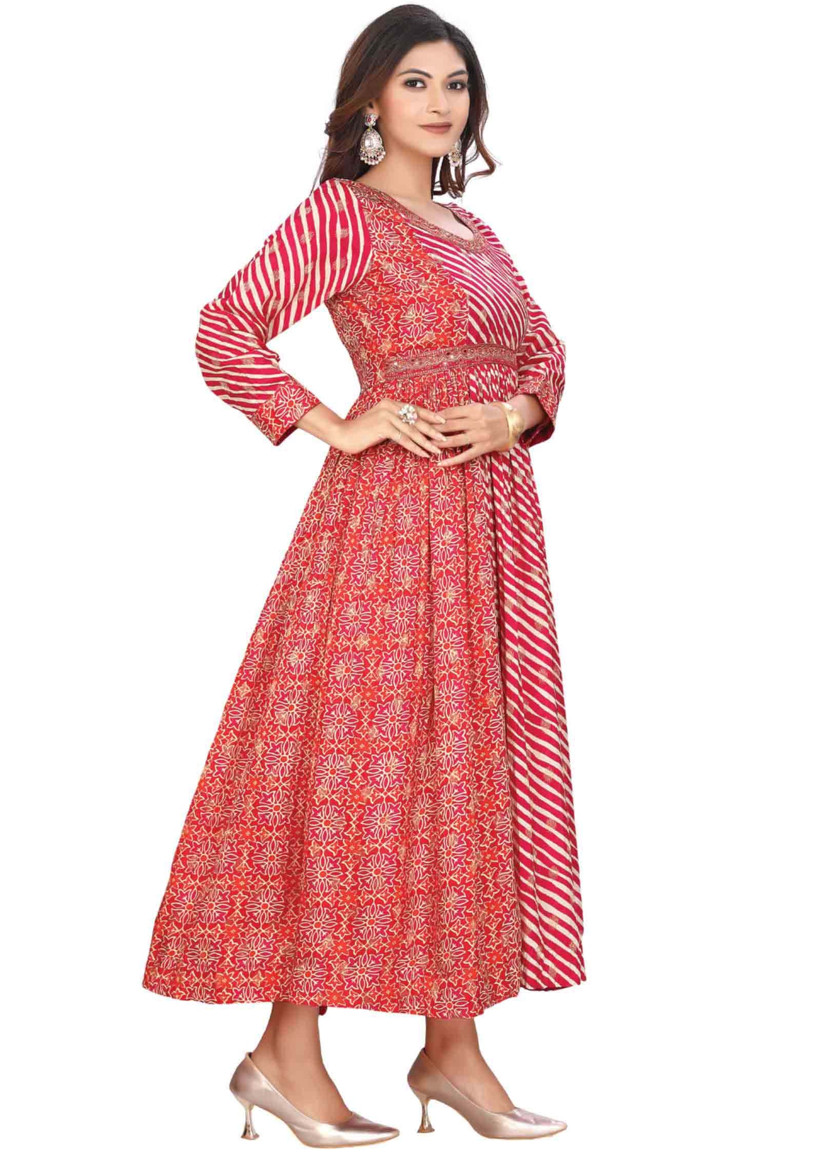 Pink & Red Banaras Printed Gown