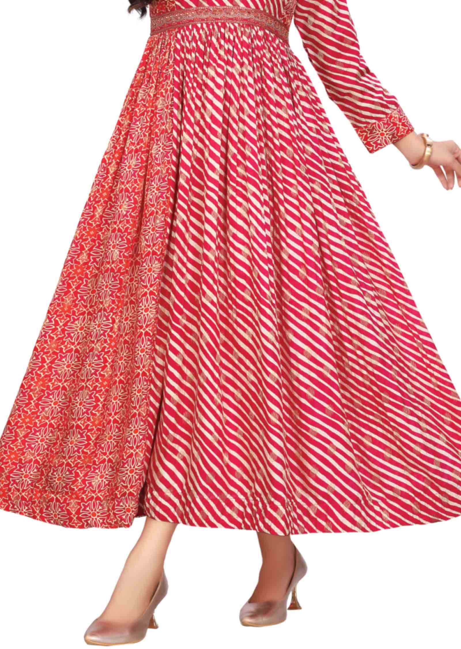 Pink & Red Banaras Printed Gown