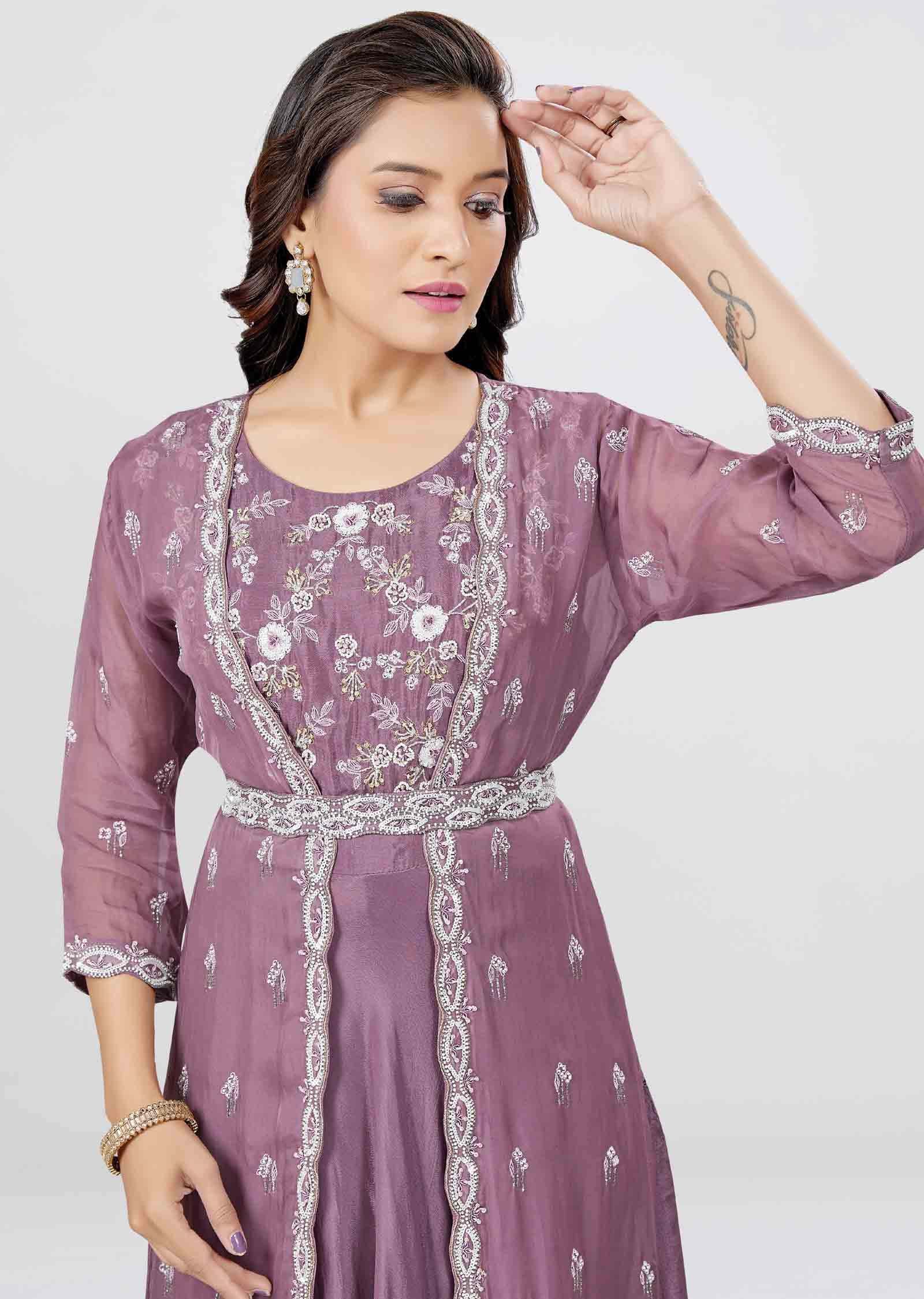 Mauve Pink Chinnon Zardosi & Embroidered Gown