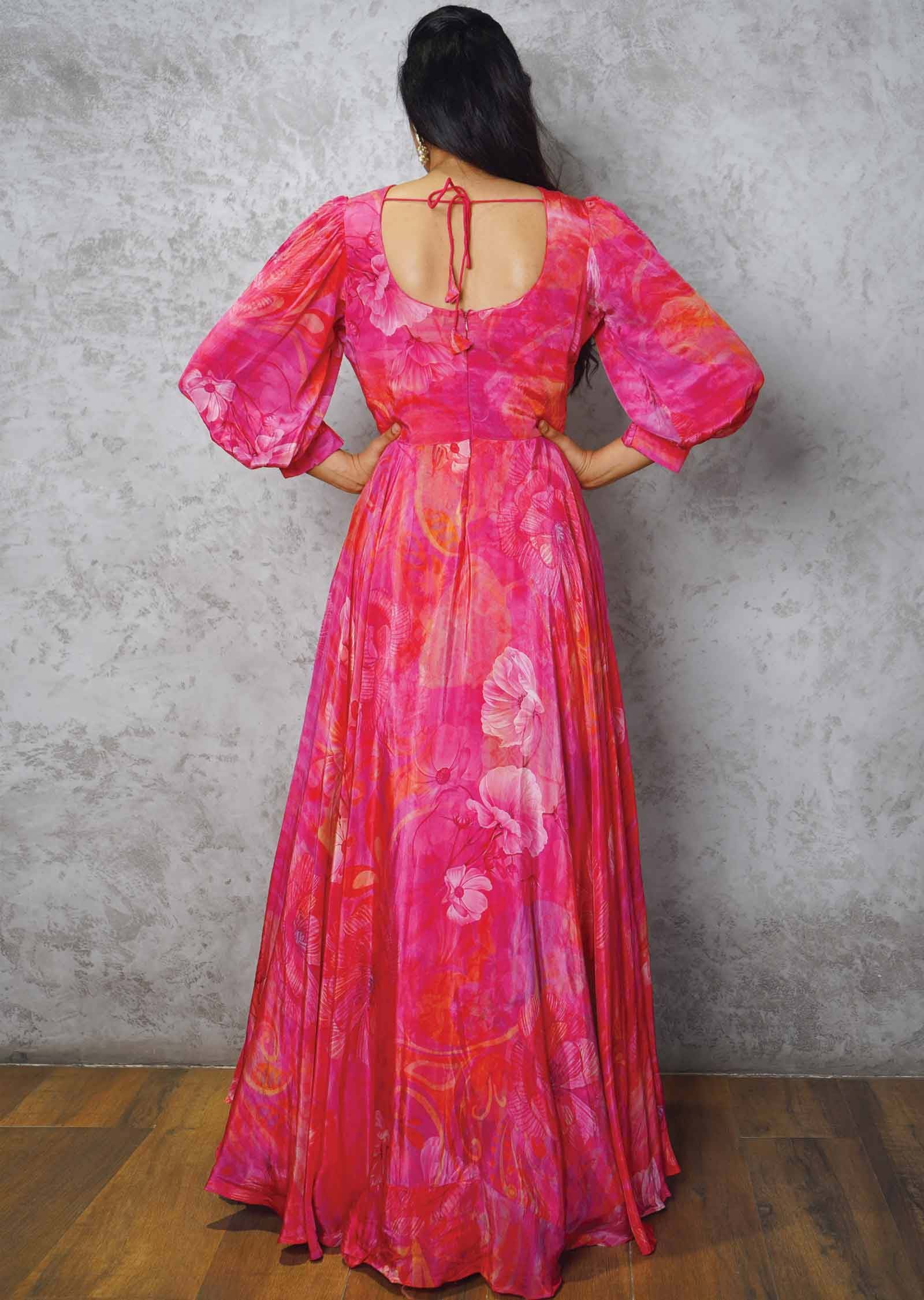 Rani Pink Crepe Printed Alia cut Gown