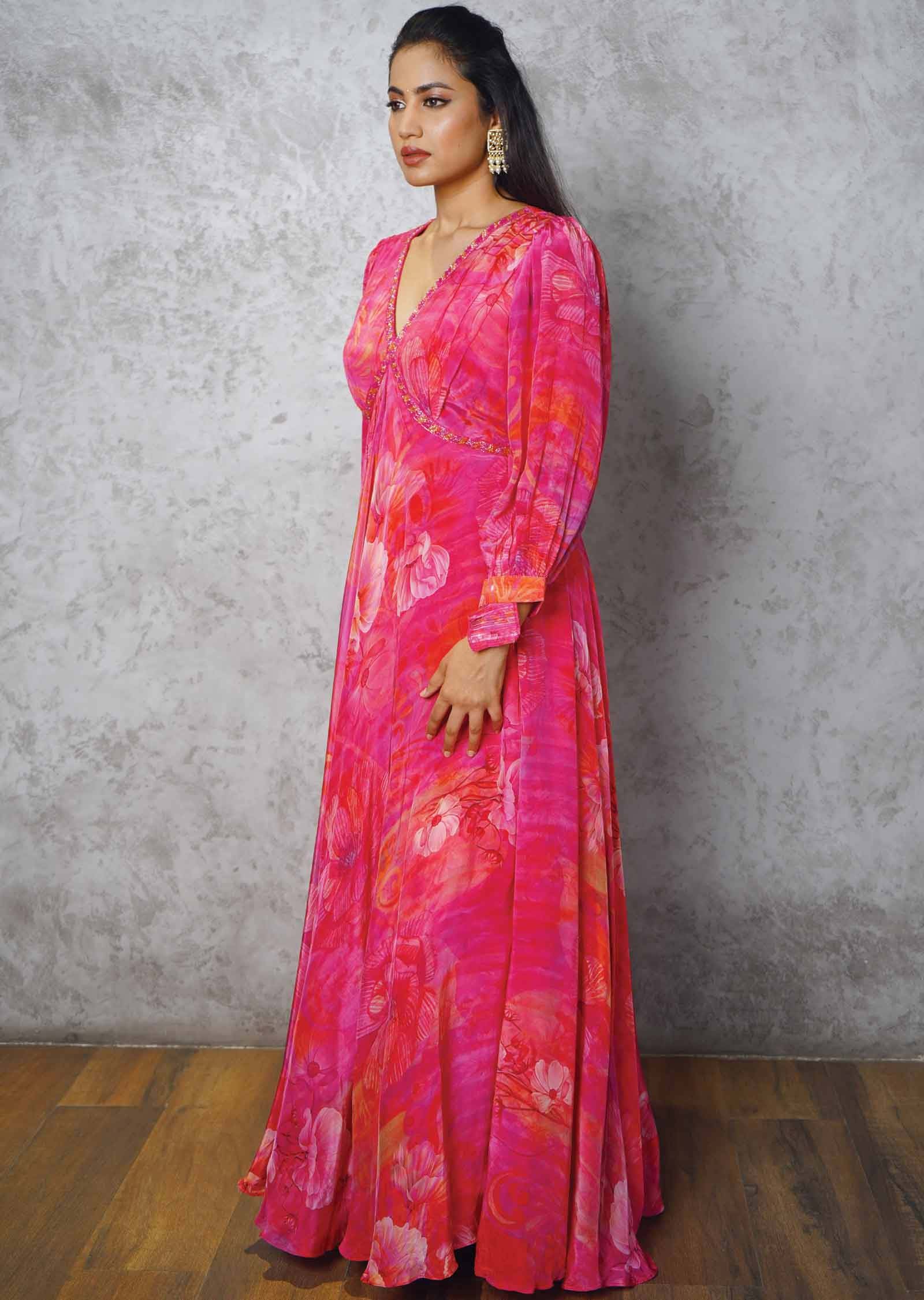 Rani Pink Crepe Printed Alia cut Gown