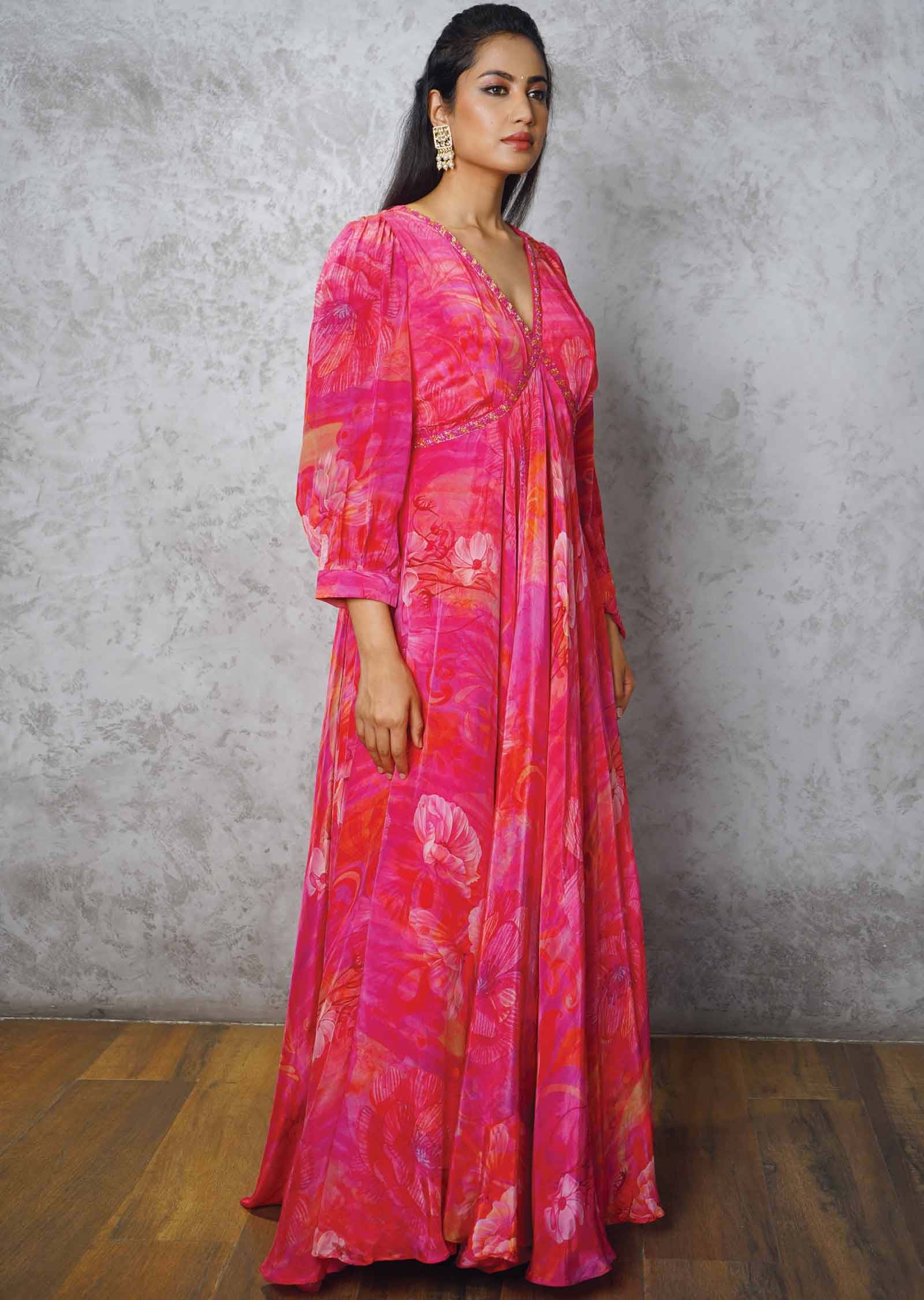 Rani Pink Crepe Printed Alia cut Gown