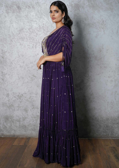 Purple Banaras Chinnon Embroidered Gown