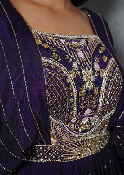 Purple Banaras Chinnon Embroidered Gown