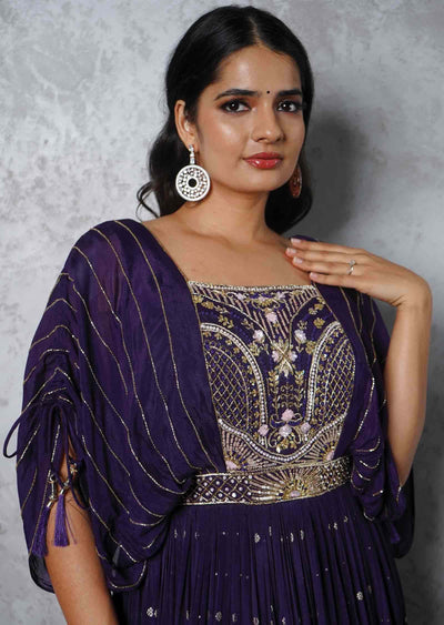 Purple Banaras Chinnon Embroidered Gown