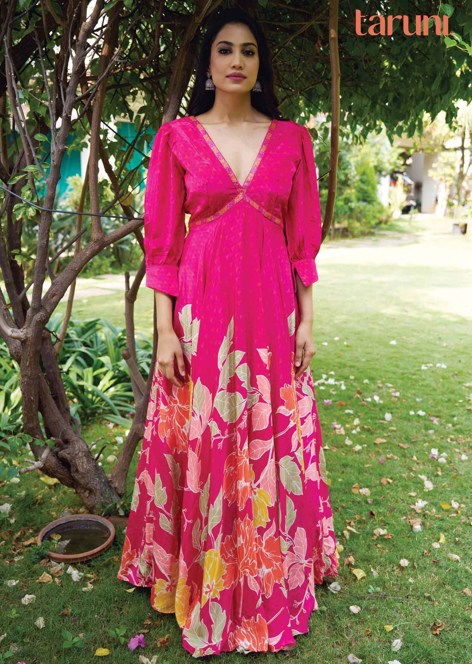 Rani Pink Crepe Printed Alia cut Gown