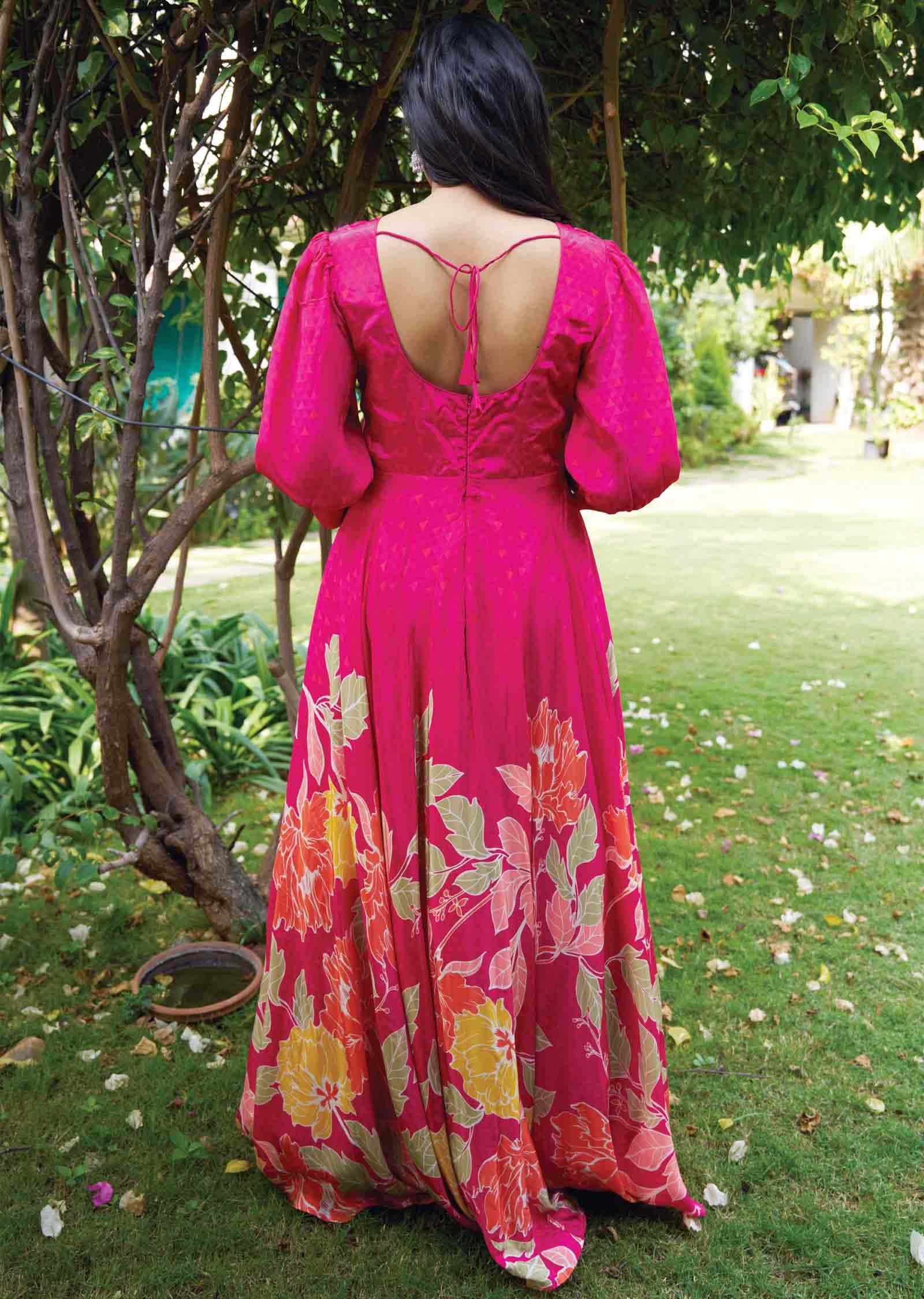 Rani Pink Crepe Printed Alia cut Gown