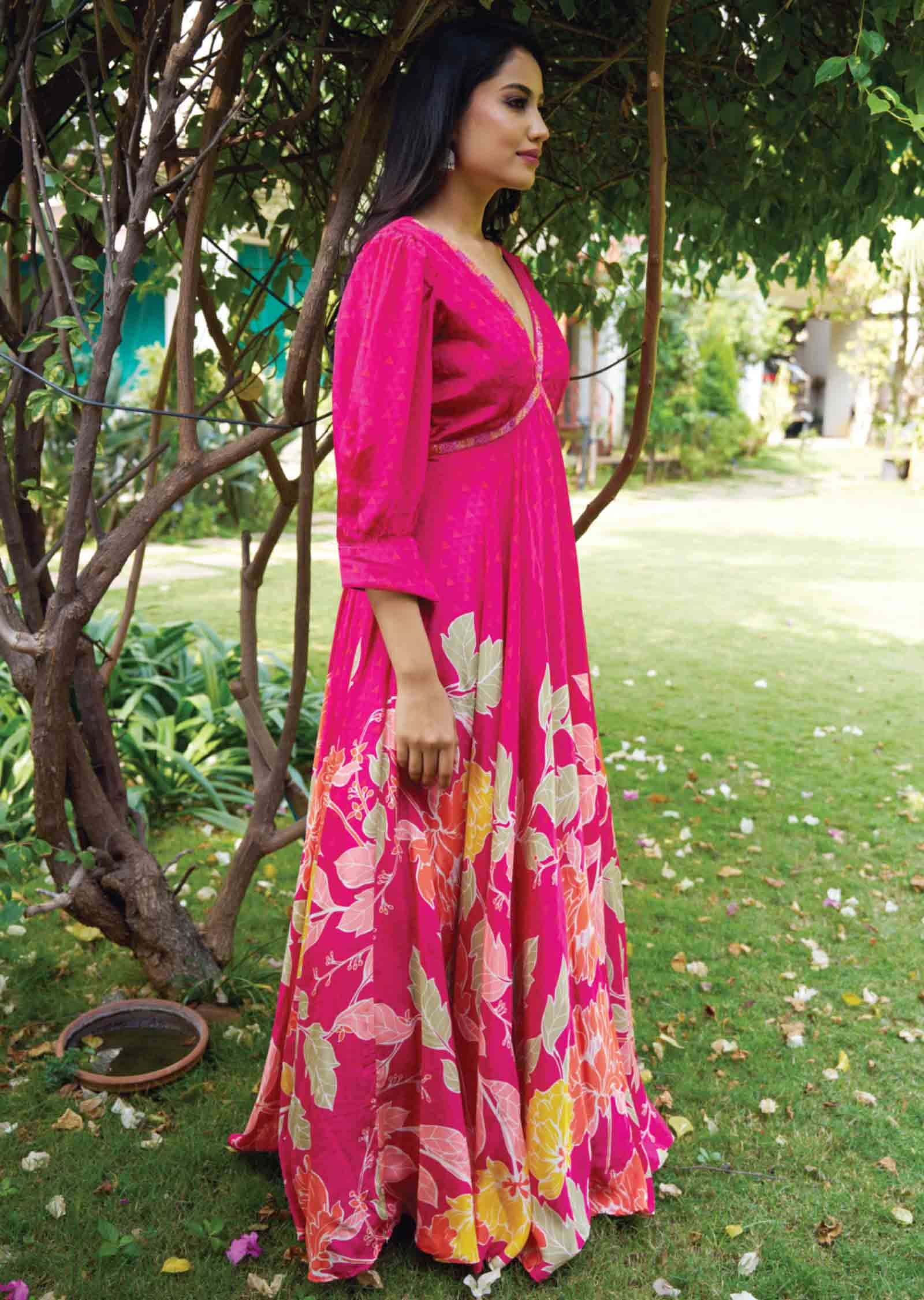 Rani Pink Crepe Printed Alia cut Gown
