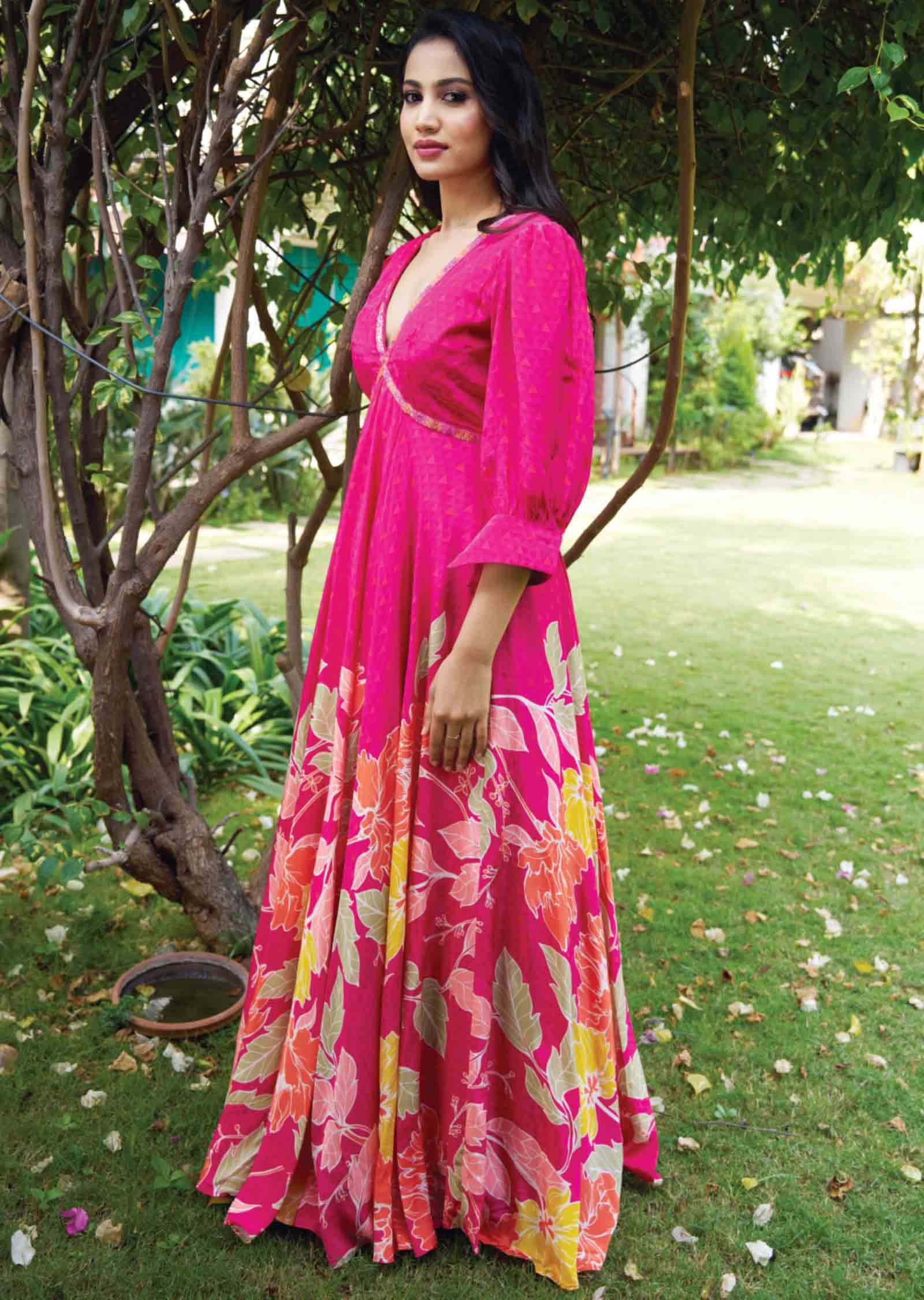 Rani Pink Crepe Printed Alia cut Gown