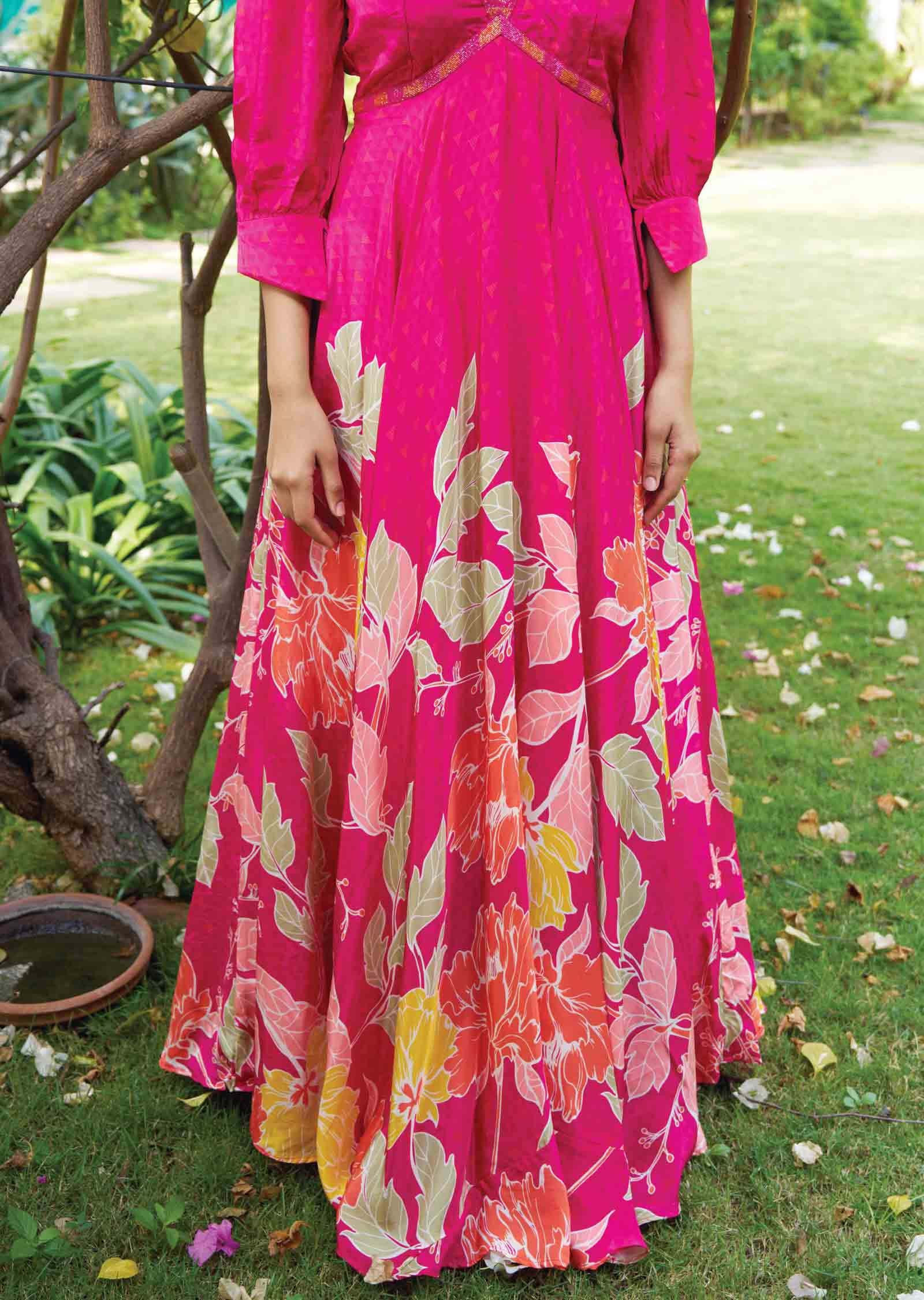 Rani Pink Crepe Printed Alia cut Gown