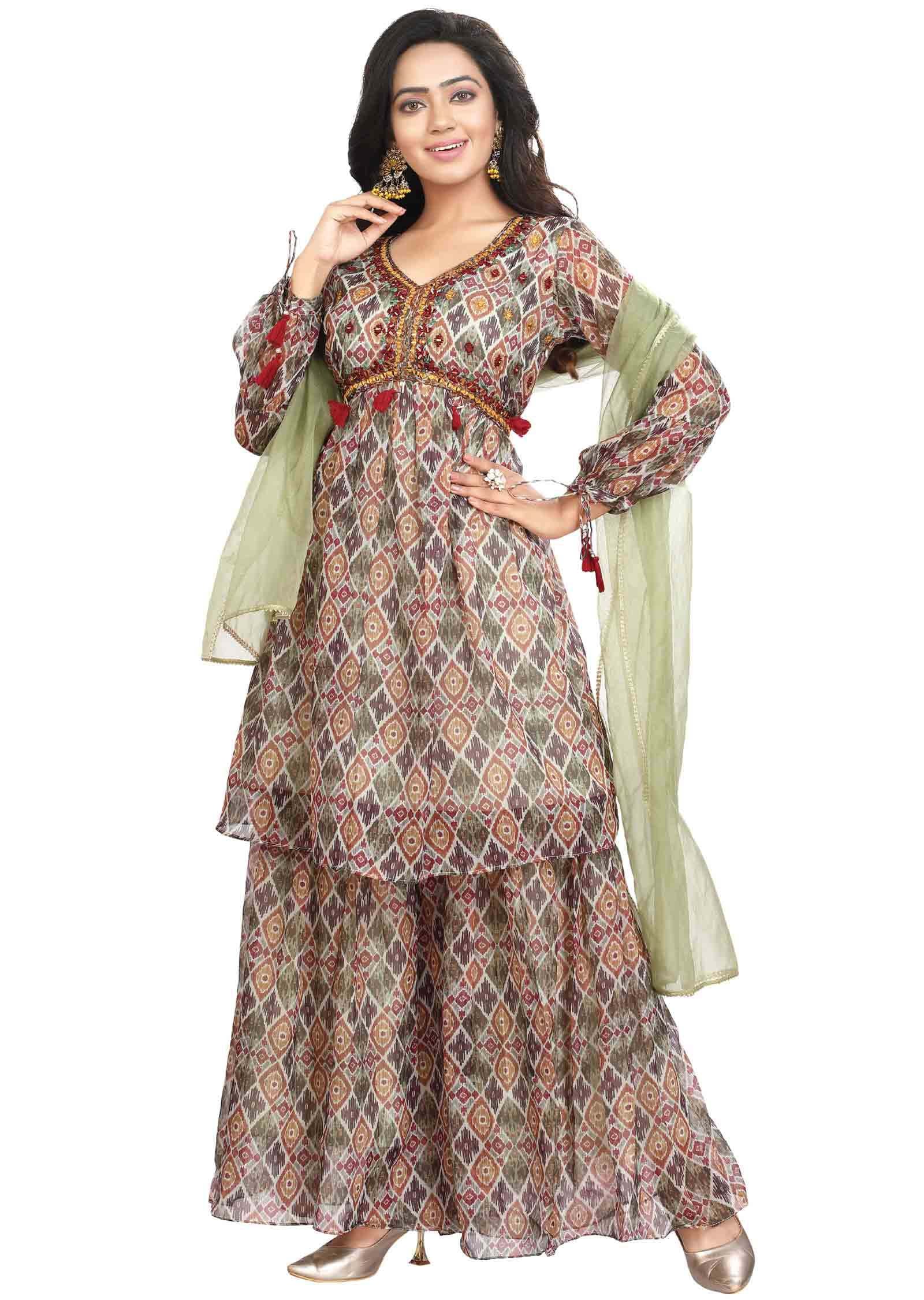 Light green Organza Printed Shararas/Ghararas