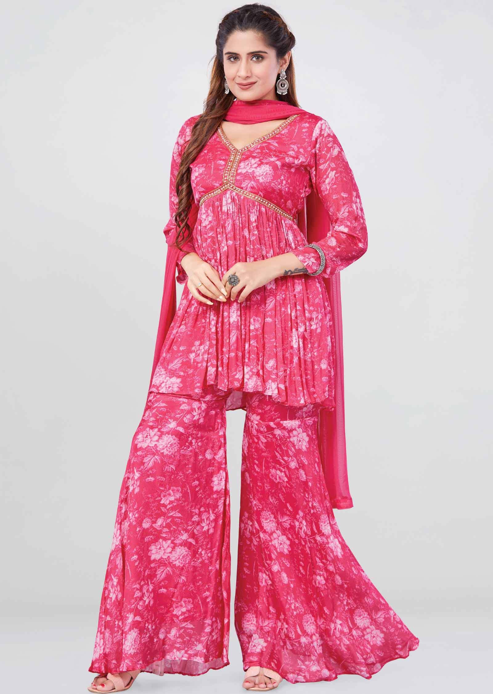 Pink Chinnon Printed Shararas/Ghararas