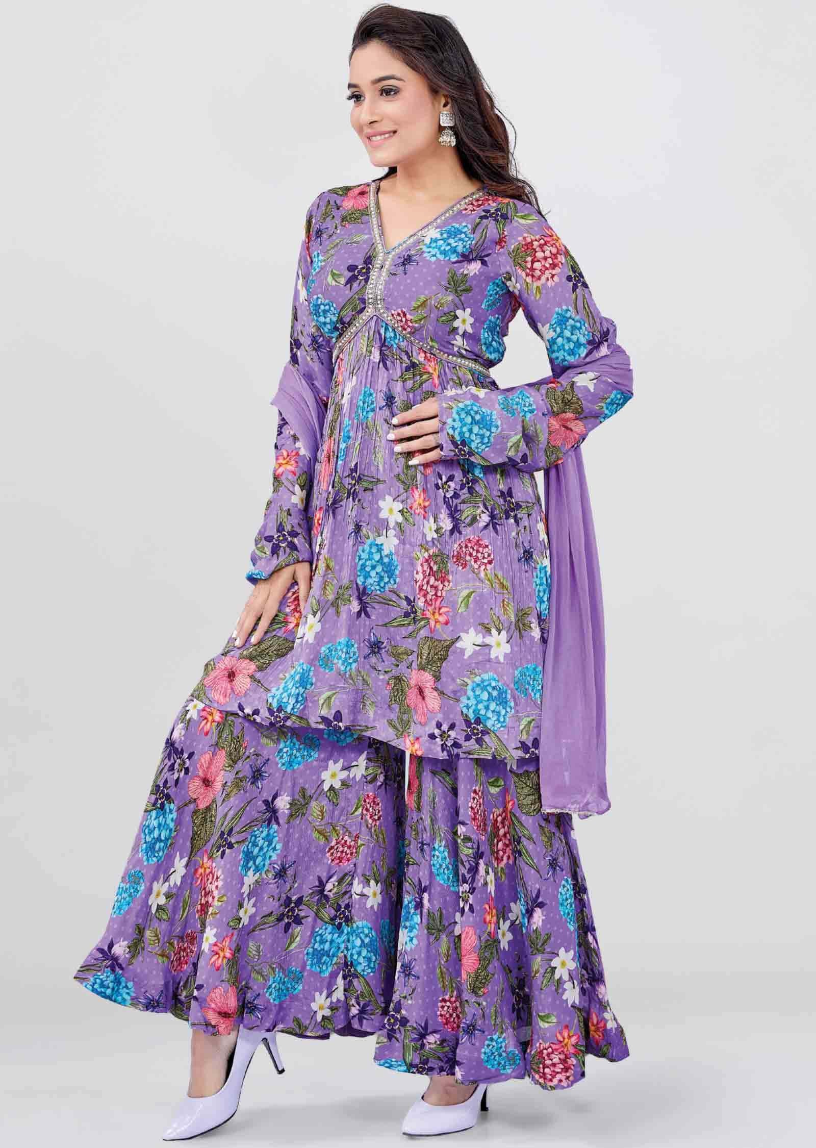 Lavender Chinnon Printed Alia cut Shararas/Ghararas