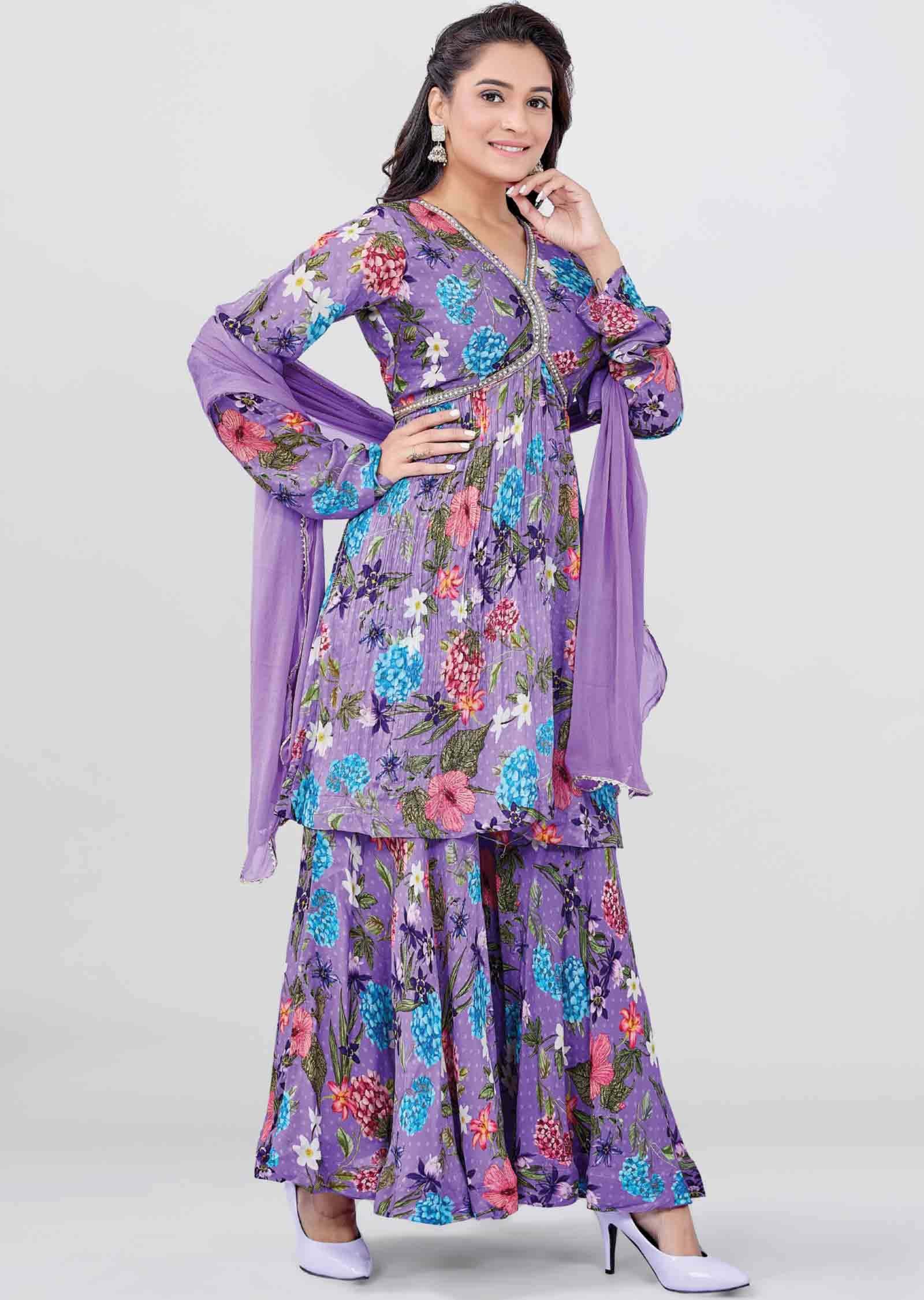 Lavender Chinnon Printed Alia cut Shararas/Ghararas