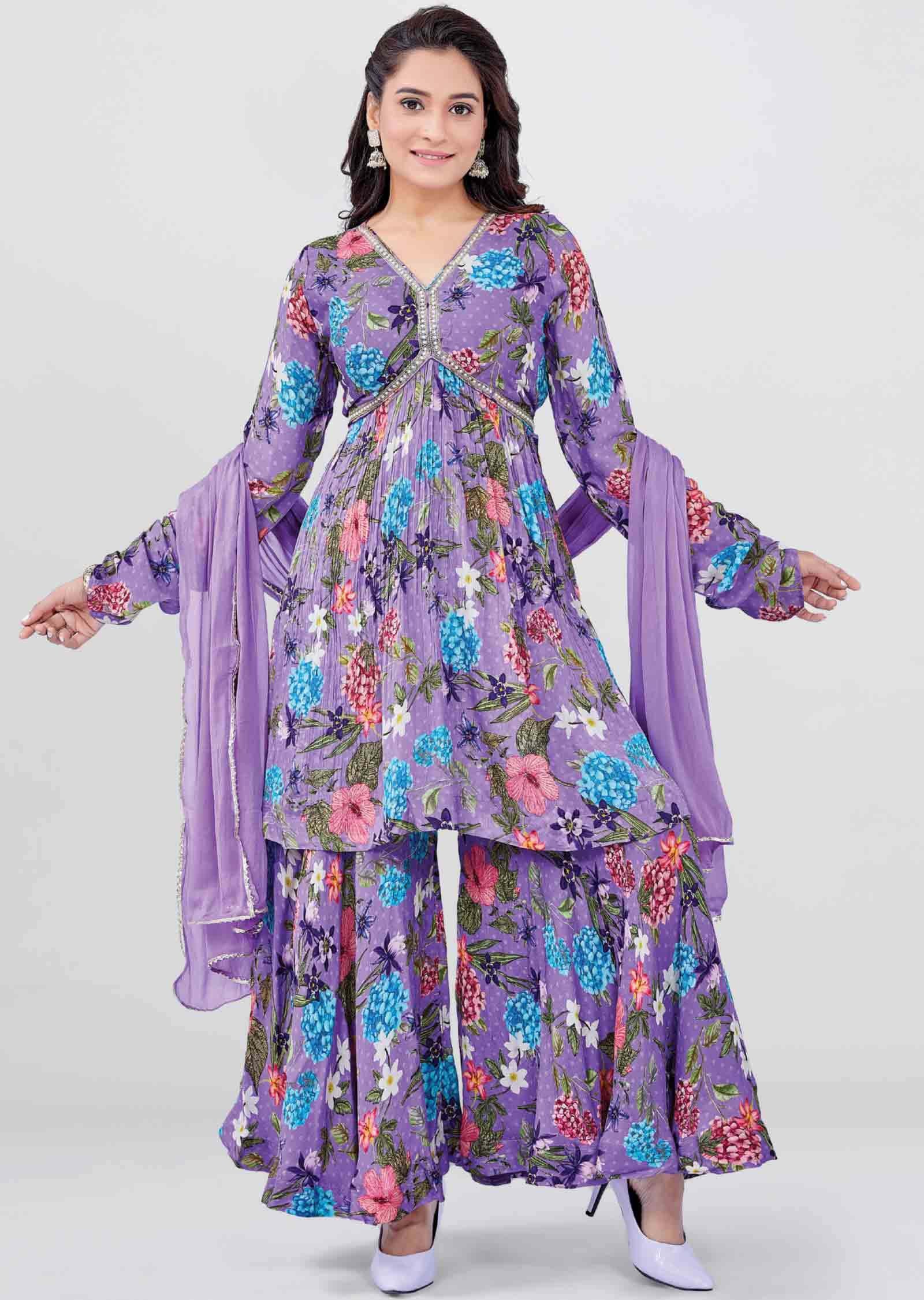 Lavender Chinnon Printed Alia cut Shararas/Ghararas