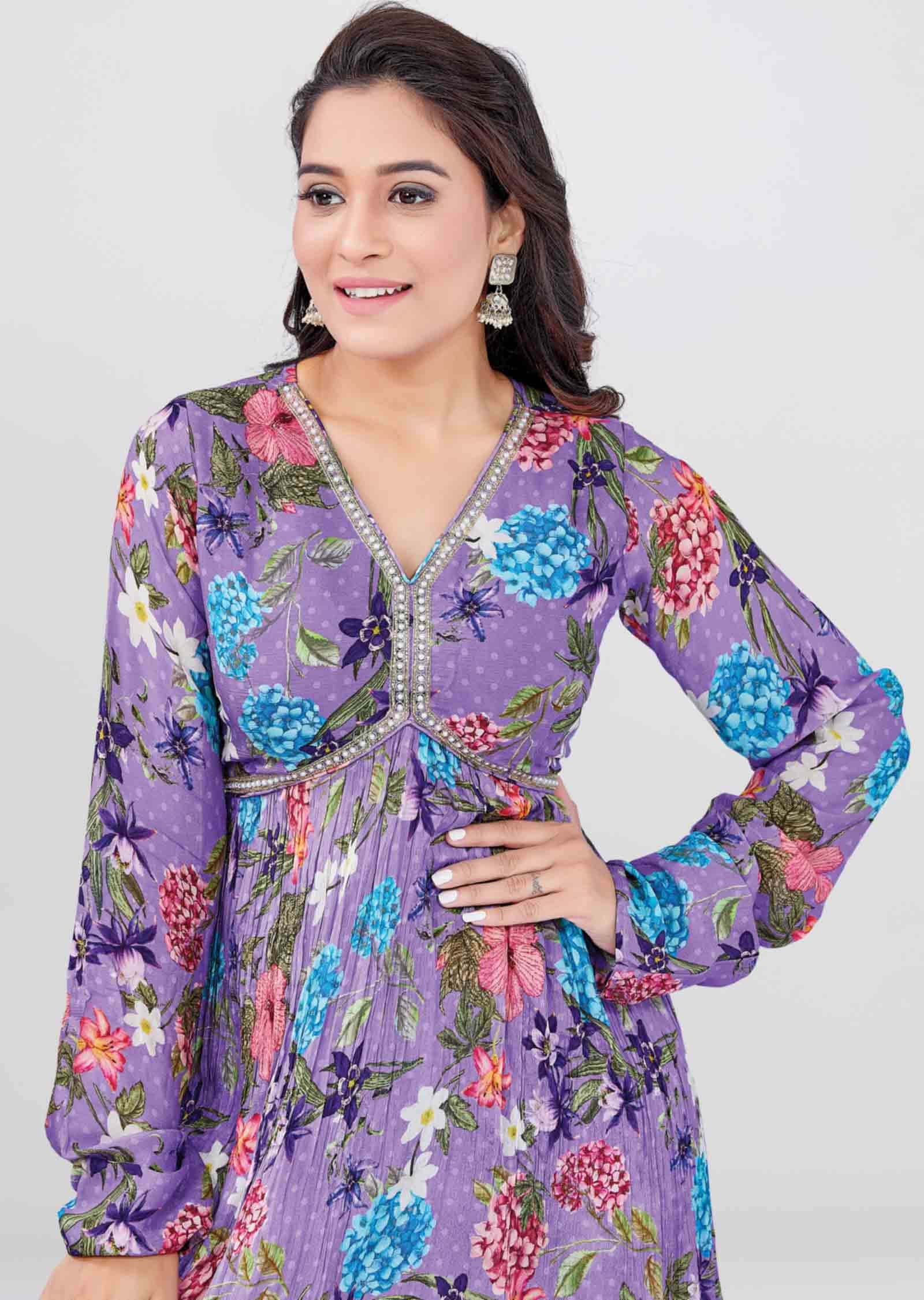 Lavender Chinnon Printed Alia cut Shararas/Ghararas