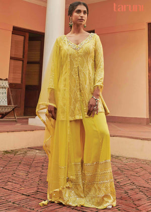 Lemon Yellow Georgette Embroidered Shararas/Ghararas