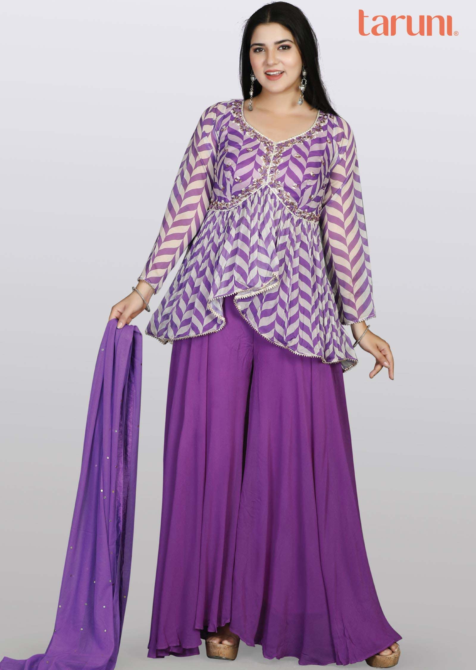 Purple Soft Organza Sequins Shararas/Ghararas