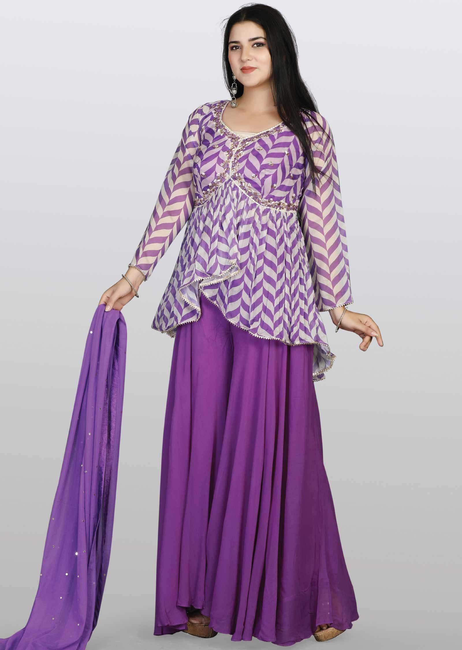 Purple Soft Organza Sequins Shararas/Ghararas