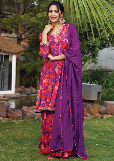 Purple & Red Chinnon Embroidered Shararas/Ghararas