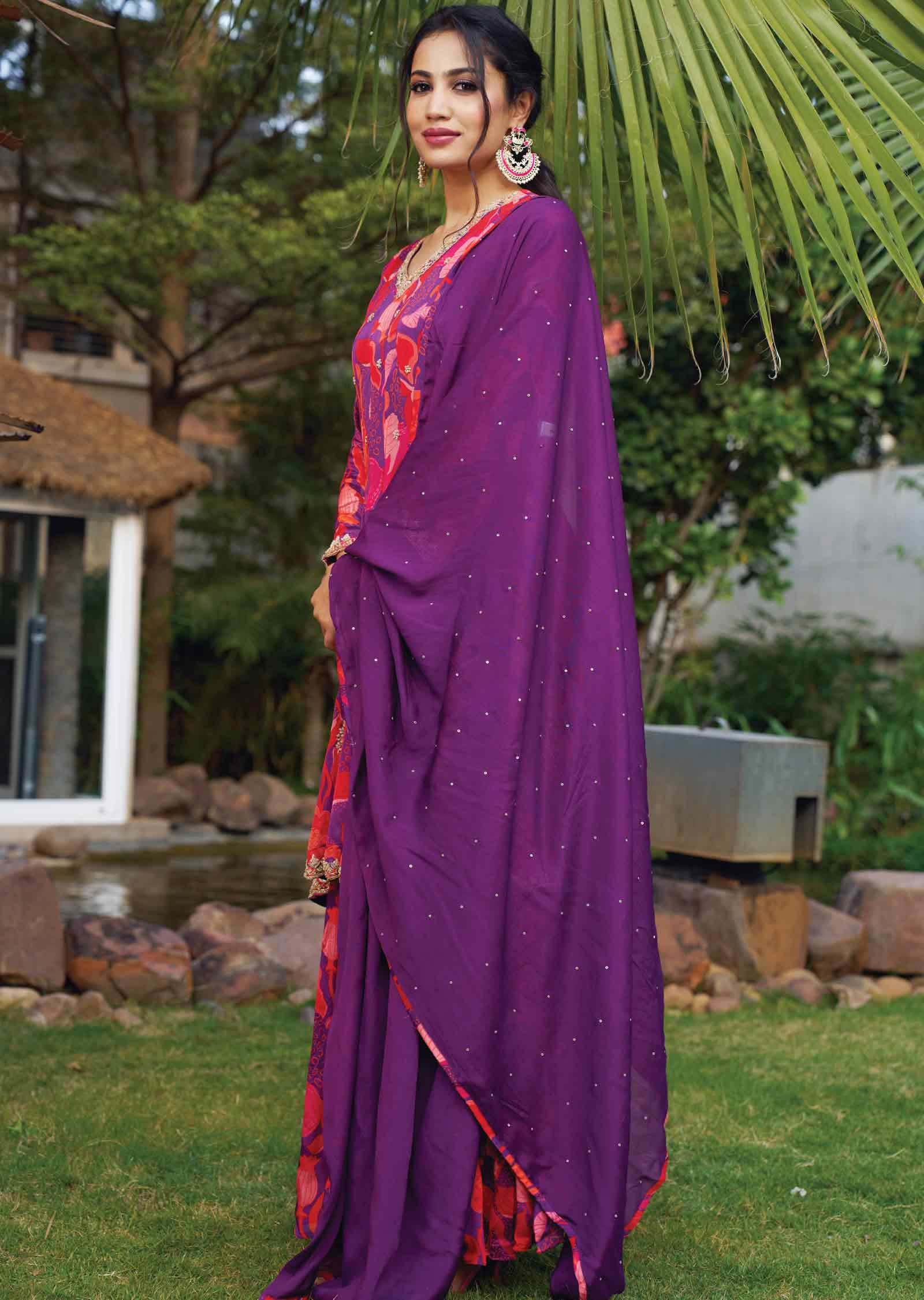 Purple & Red Chinnon Embroidered Shararas/Ghararas