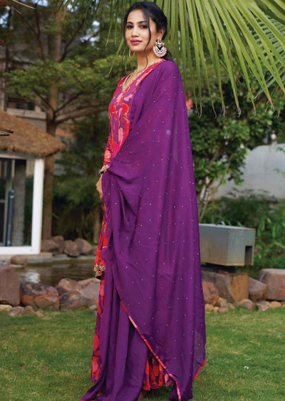 Purple & Red Chinnon Embroidered Shararas/Ghararas