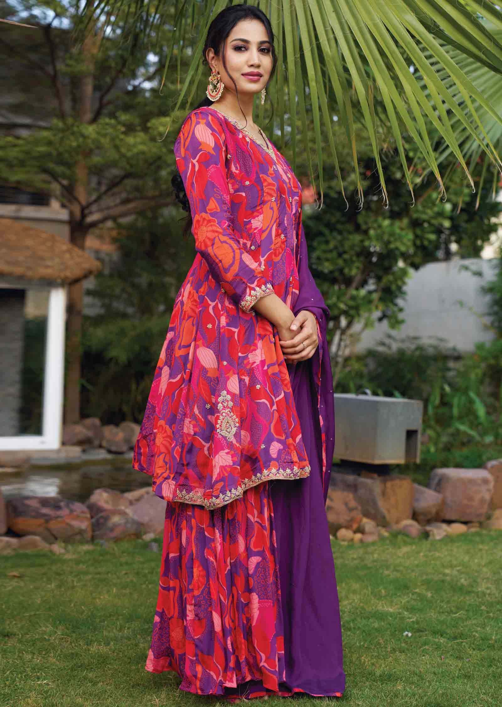 Purple & Red Chinnon Embroidered Shararas/Ghararas