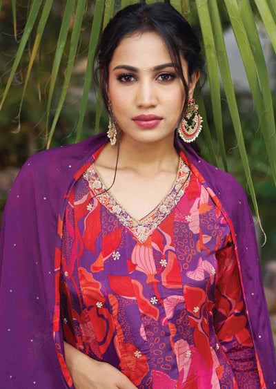 Purple & Red Chinnon Embroidered Shararas/Ghararas