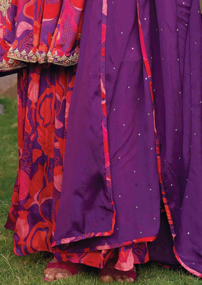 Purple & Red Chinnon Embroidered Shararas/Ghararas