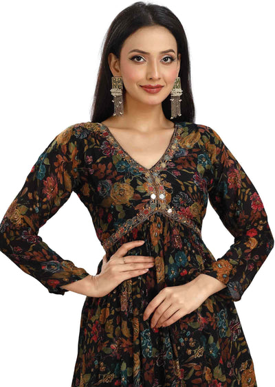 Black & Multi Chinnon Printed Alia cut Shararas/Ghararas