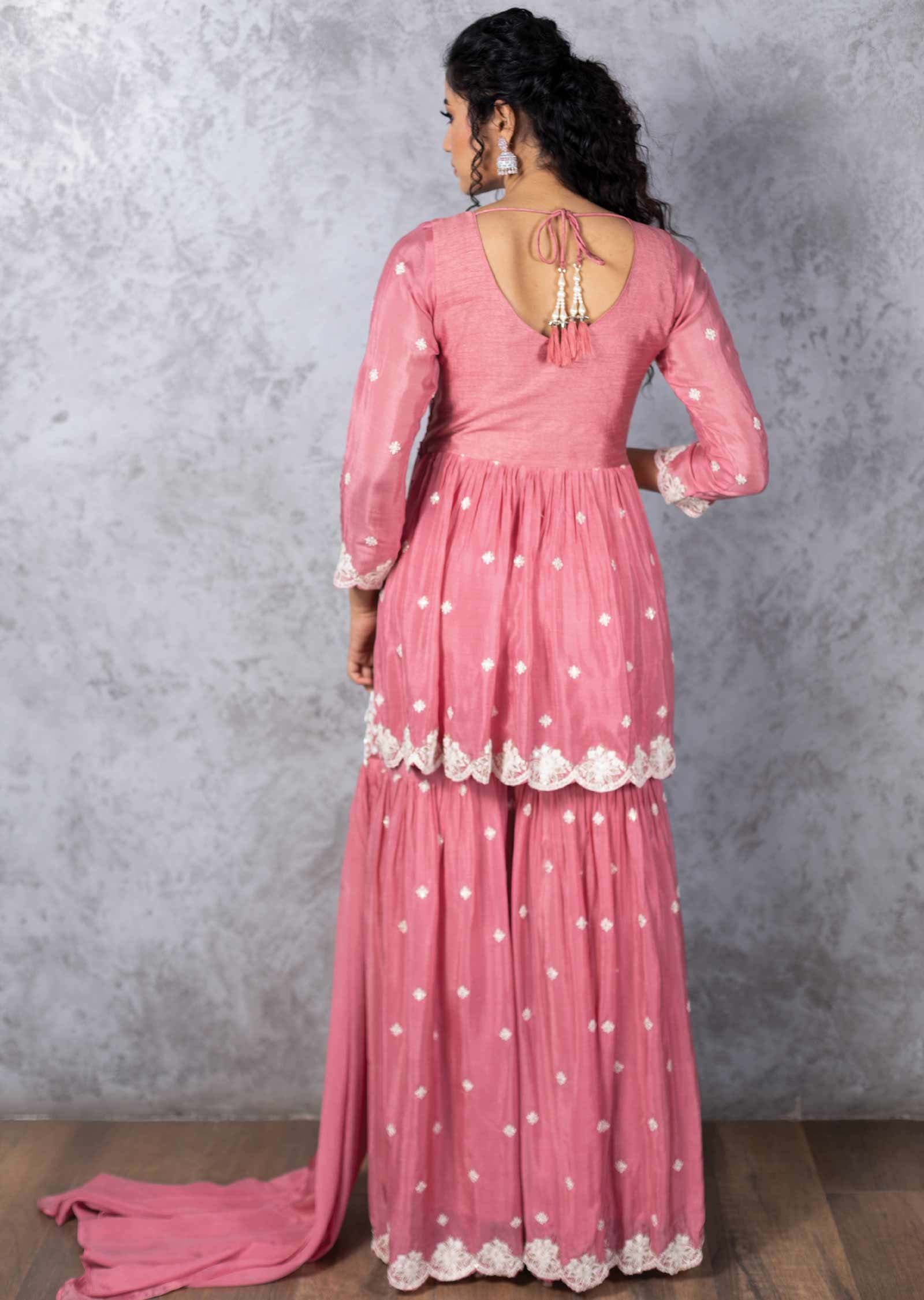 Rose Peach Chinnon Embroidered Pallazo Suit