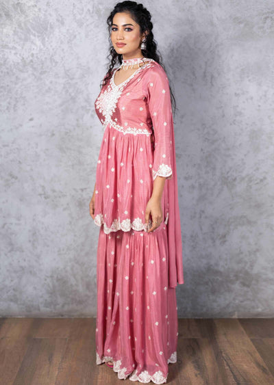 Rose Peach Chinnon Embroidered Pallazo Suit