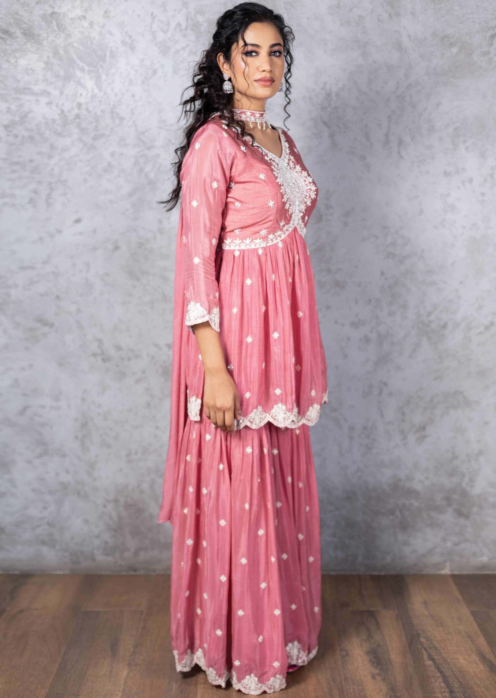 Rose Peach Chinnon Embroidered Pallazo Suit