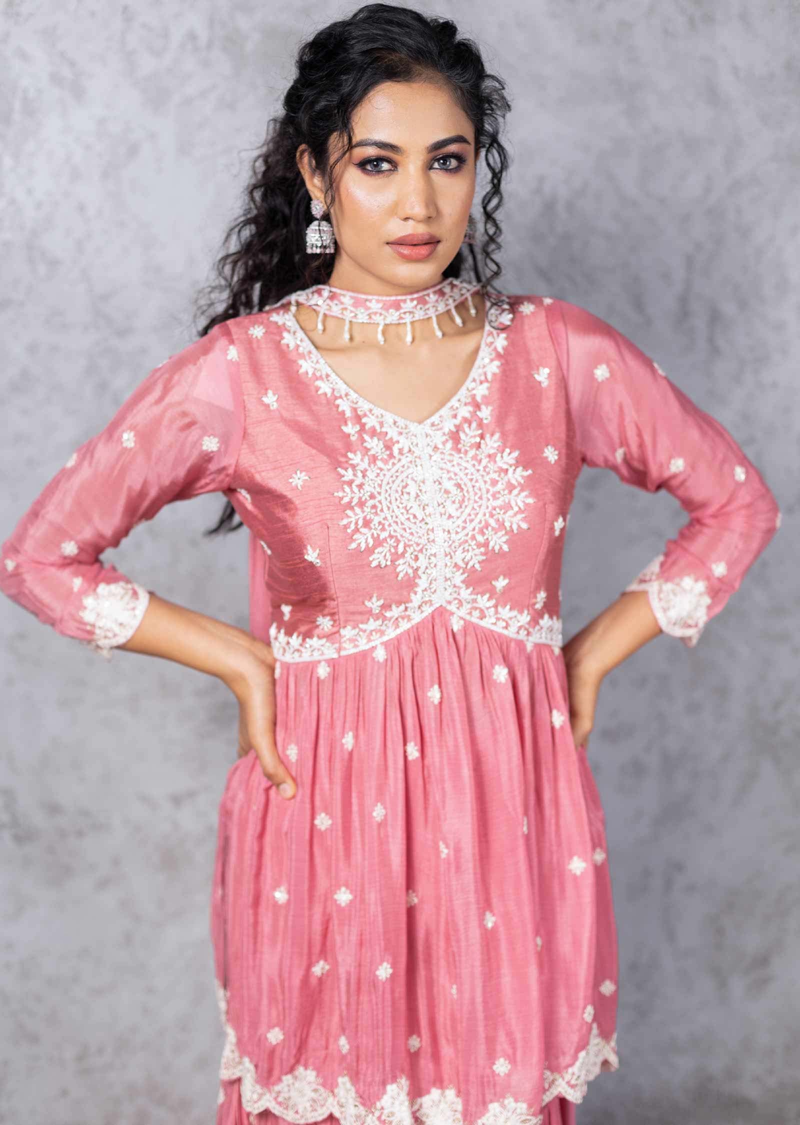 Rose Peach Chinnon Embroidered Pallazo Suit