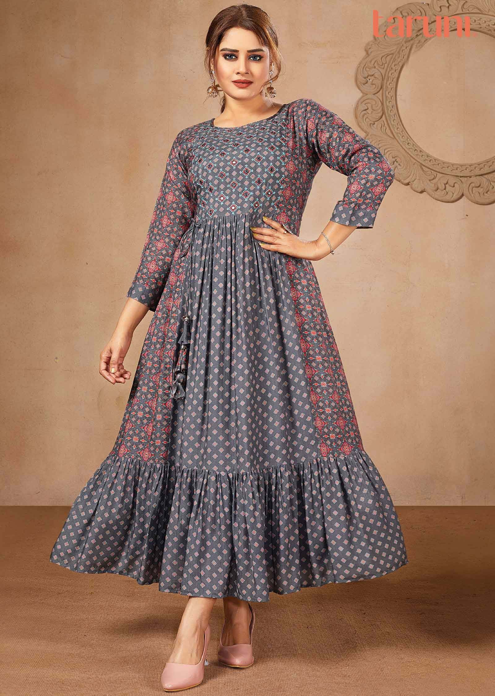 Grey Muslin Printed Frock Style Kurti