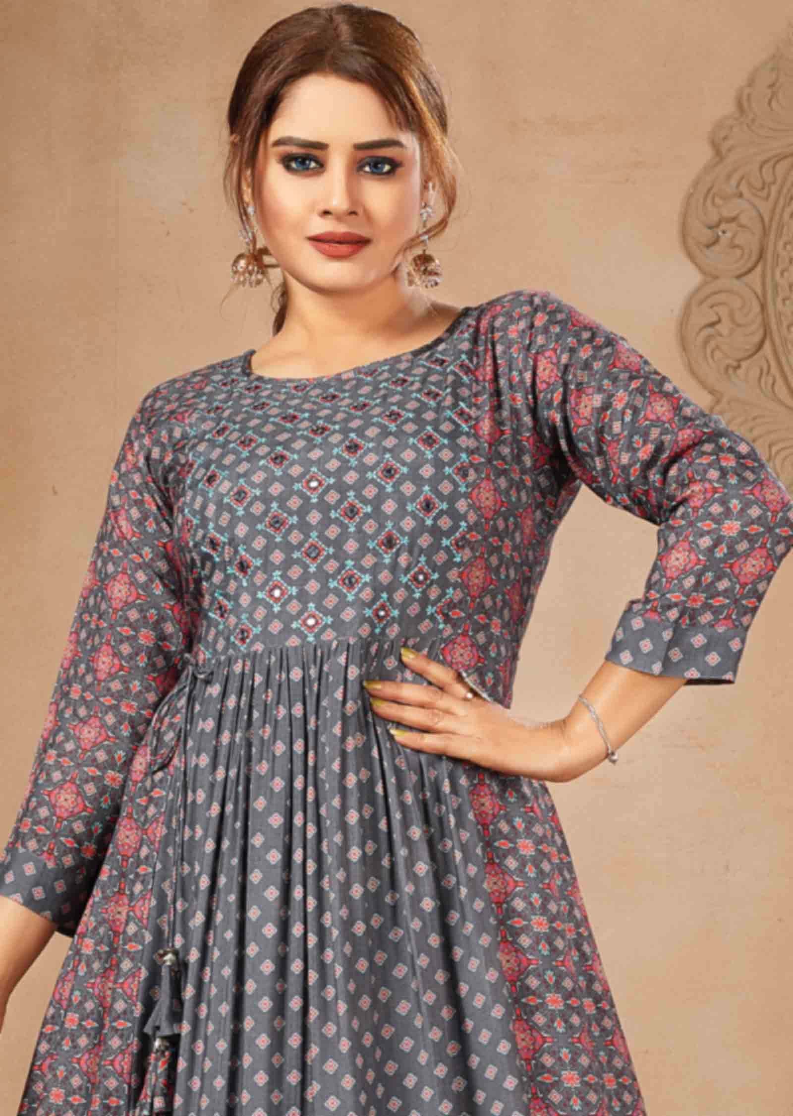 Grey Muslin Printed Frock Style Kurti